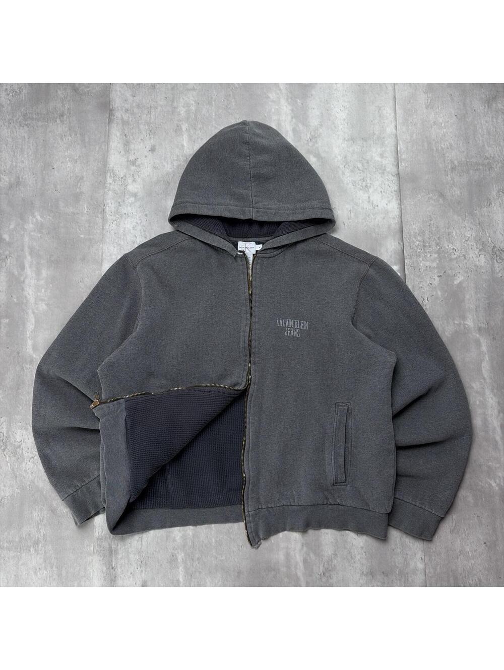Y2K Grey Calvin Klein Grunge Skater Thermal Lined Boxy Zip Up Hoodie